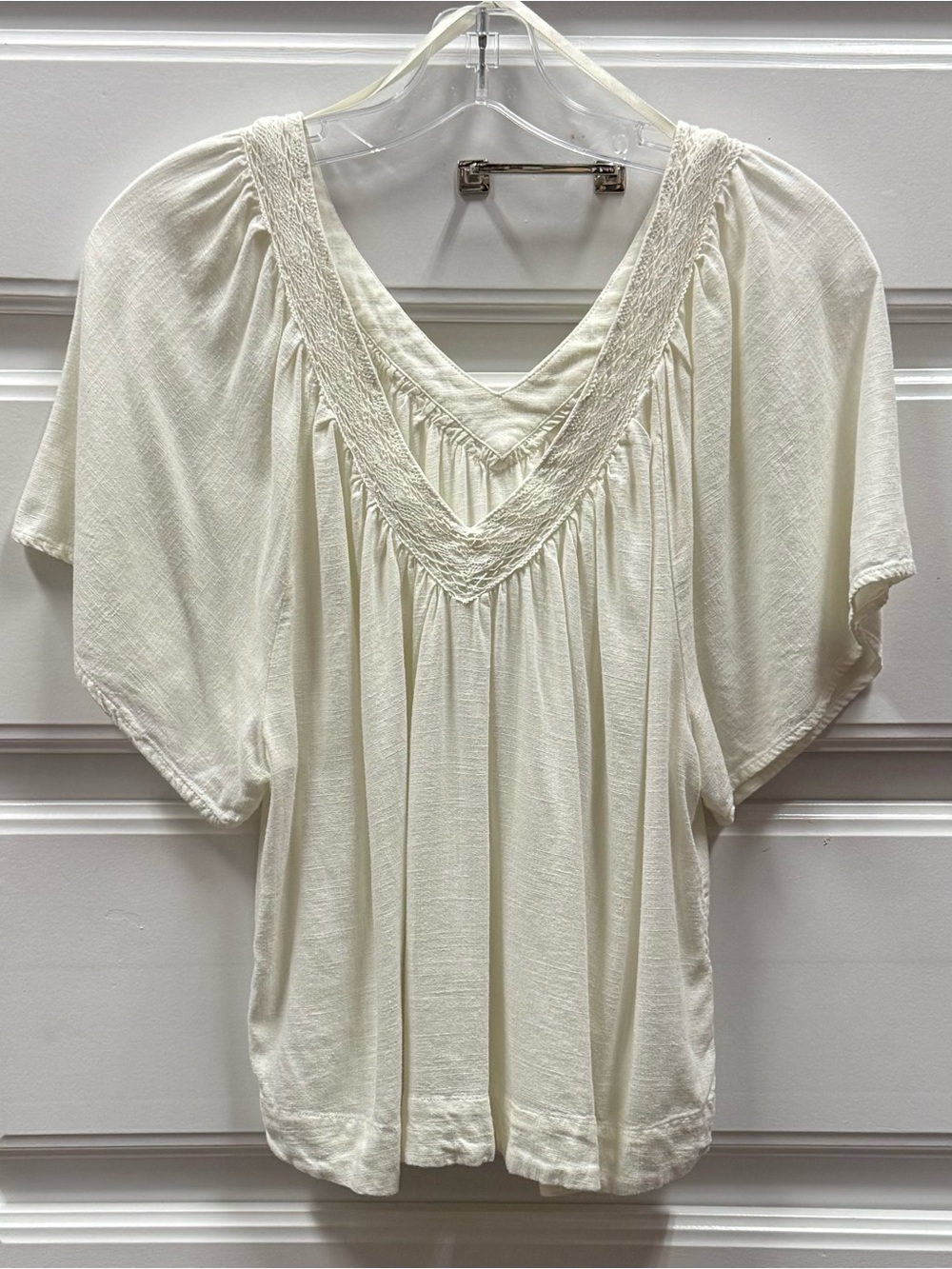 LOFT Ivory V-Neck Smocked Trim Blouse